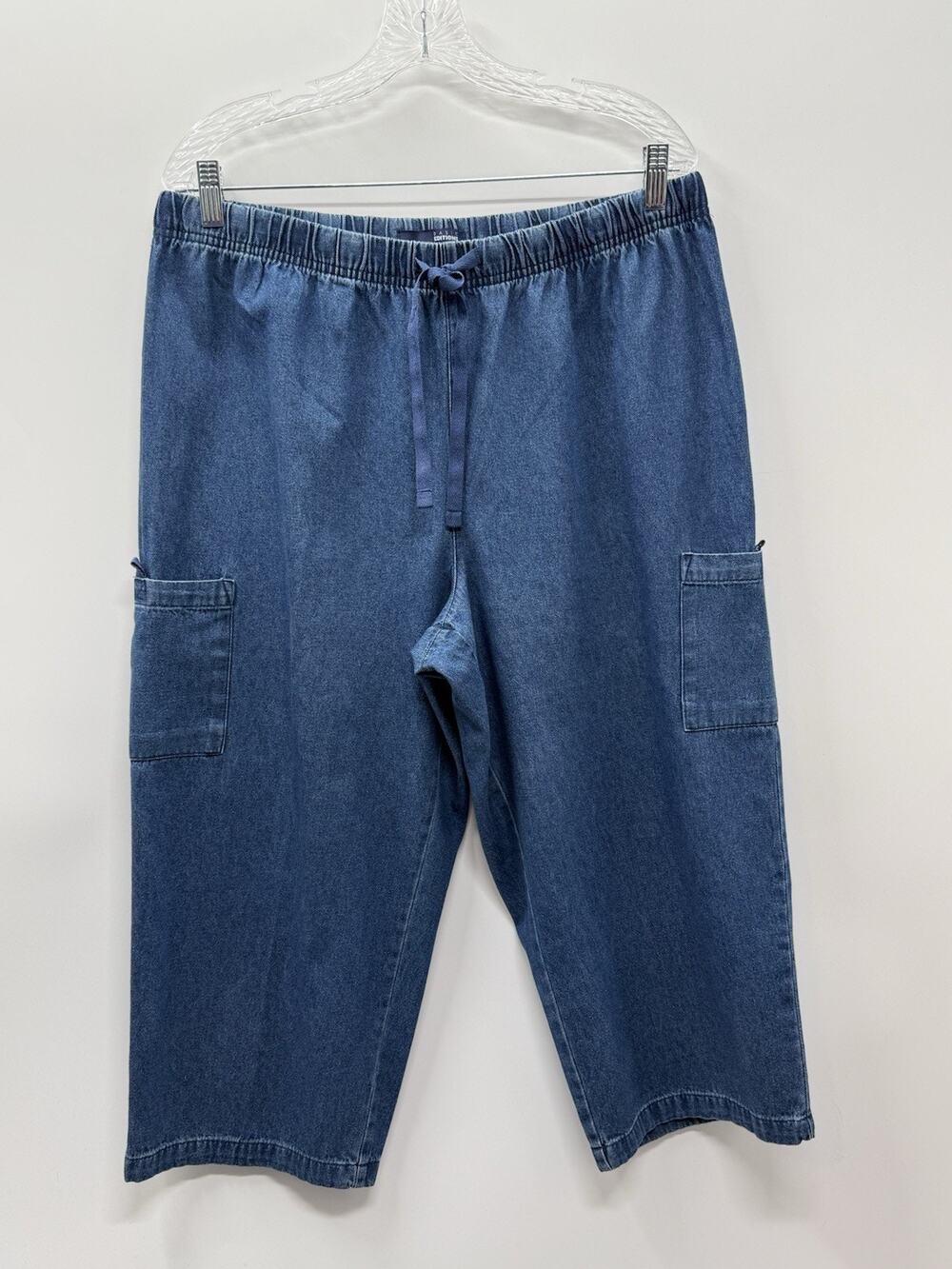 Basic Editions Womens L/G Pull On Denim Capri Pants Blue Cotton Elastic Waist
